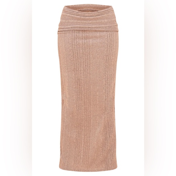 New PrettyLittleThing Oatmeal Rib Fold Over Waist Maxi Skirt - Size 12 US - Picture 4 of 4